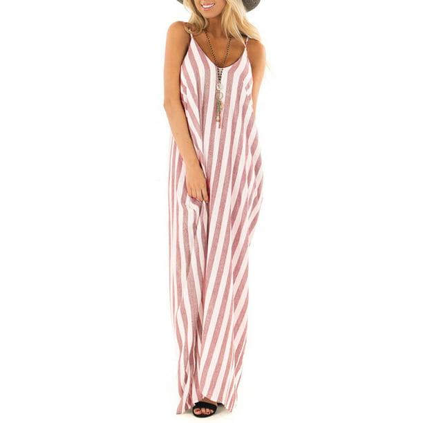 Womens Spaghetti Strap Stripe Long Maxi Dress Loose Casual Summer Beach Sundress